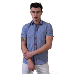Blue Mens Short Sleeve Button up Shirts - Tailored Slim Fit Cotton Dress Shirts