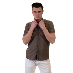 Brown Mens Short Sleeve Button up Shirts - Tailored Slim Fit Cotton Dress Shirts