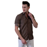 Brown Mens Short Sleeve Button up Shirts - Tailored Slim Fit Cotton Dress Shirts
