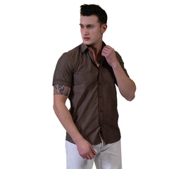 Brown Mens Short Sleeve Button up Shirts - Tailored Slim Fit Cotton Dress Shirts