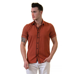 Orange / Reddish Mens Short Sleeve Button up Shirts - Tailored Slim Fit Cotton Dress Shirts