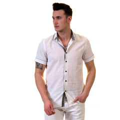 White Mens Short Sleeve Button up Shirts - Tailored Slim Fit Cotton Dress Shirts