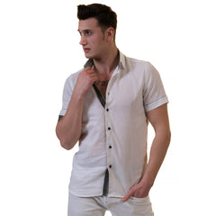 White Mens Short Sleeve Button up Shirts - Tailored Slim Fit Cotton Dress Shirts