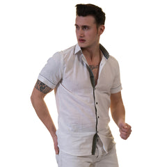 White Mens Short Sleeve Button up Shirts - Tailored Slim Fit Cotton Dress Shirts