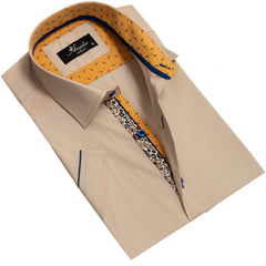 Beige Mens Short Sleeve Button up Shirts - Tailored Slim Fit Cotton Dress Shirts
