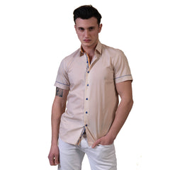 Beige Mens Short Sleeve Button up Shirts - Tailored Slim Fit Cotton Dress Shirts