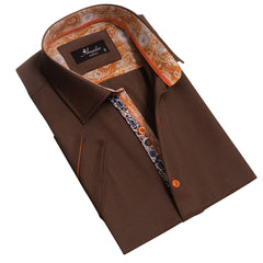 Mens Brown Short Sleeve Button up Shirts - Tailored Slim Fit Cotton Dress Shirts