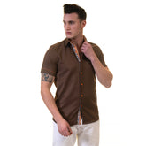 Mens Brown Short Sleeve Button up Shirts - Tailored Slim Fit Cotton Dress Shirts
