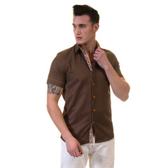 Mens Brown Short Sleeve Button up Shirts - Tailored Slim Fit Cotton Dress Shirts