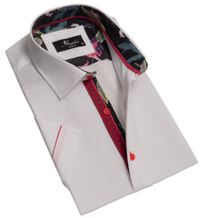 White and Red Mens Short Sleeve Button up Shirts - Tailored Slim Fit Cotton Dress Shirts