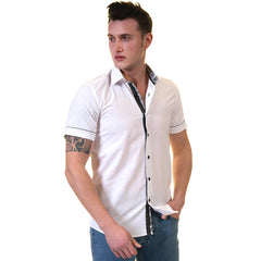 White Mens Short Sleeve Button up Shirts - Tailored Slim Fit Cotton Dress Shirts