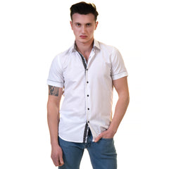 White Mens Short Sleeve Button up Shirts - Tailored Slim Fit Cotton Dress Shirts