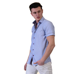 Mens Sky Blue Short Sleeve Button up Shirts - Tailored Slim Fit Cotton Dress Shirts