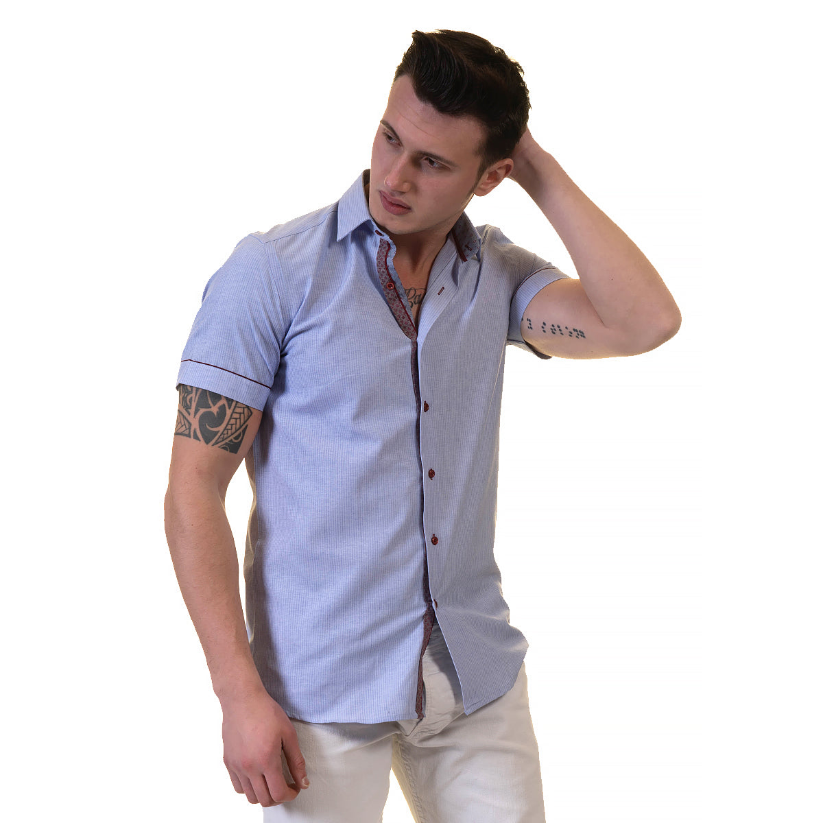 Mens Sky Blue Short Sleeve Button up Shirts - Tailored Slim Fit Cotton Dress Shirts