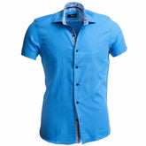 European Tailored Slim Fit Soft Cotton Men's Blue Short Sleeve Button Up Shirt - Amedeo Exclusive