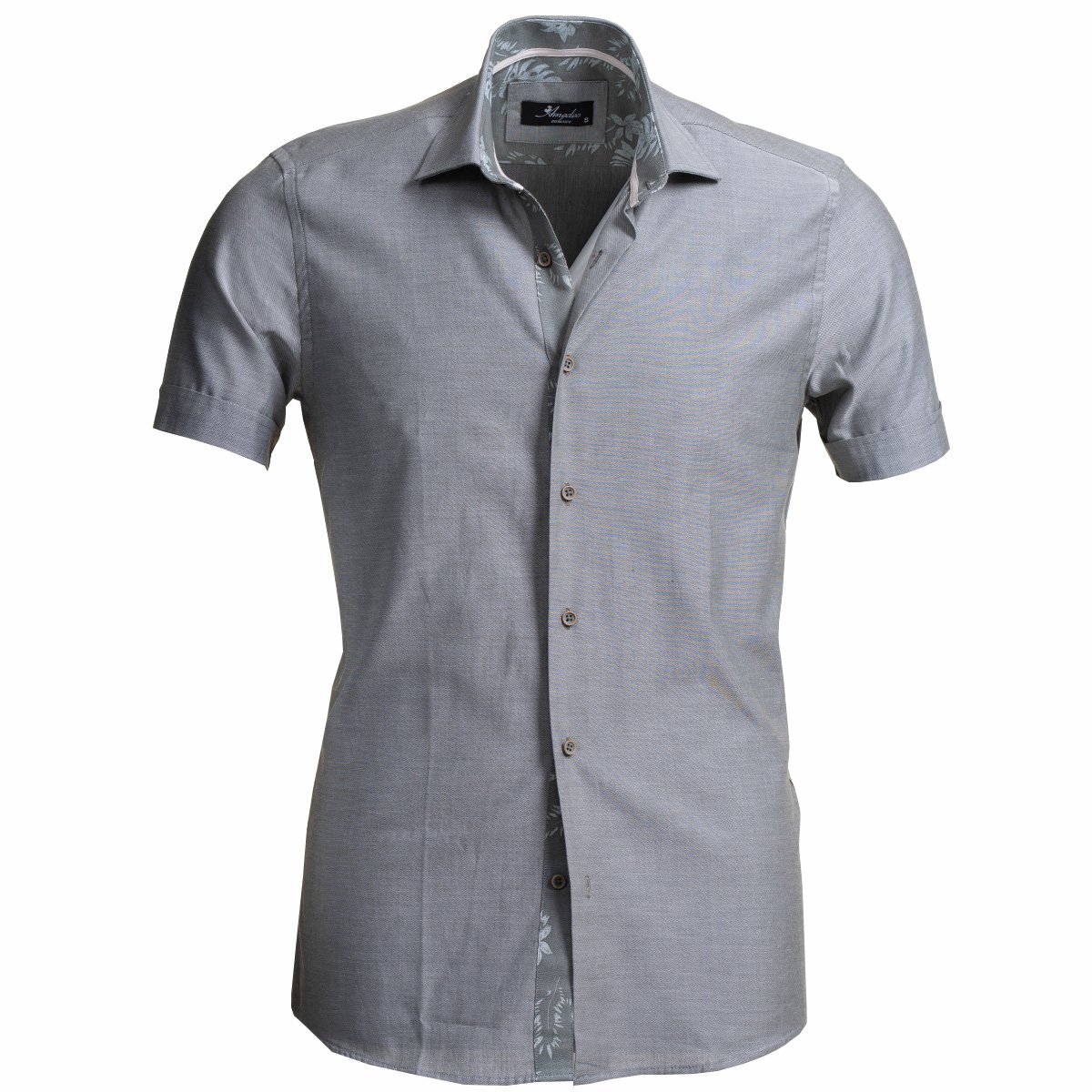 European Tailored Slim Fit Soft Cotton Men's Dark Silver Short Sleeve Button Up Shirt - Amedeo Exclusive