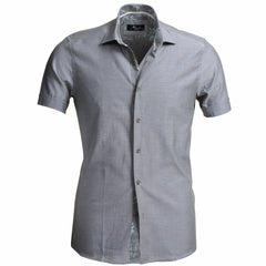 European Tailored Slim Fit Soft Cotton Men's Dark Silver Short Sleeve Button Up Shirt - Amedeo Exclusive