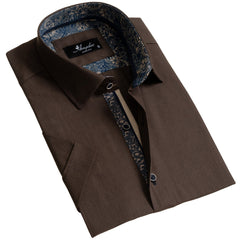 European Tailored Slim Fit Soft Cotton Men's Brown Short Sleeve Button Up Shirt - Amedeo Exclusive