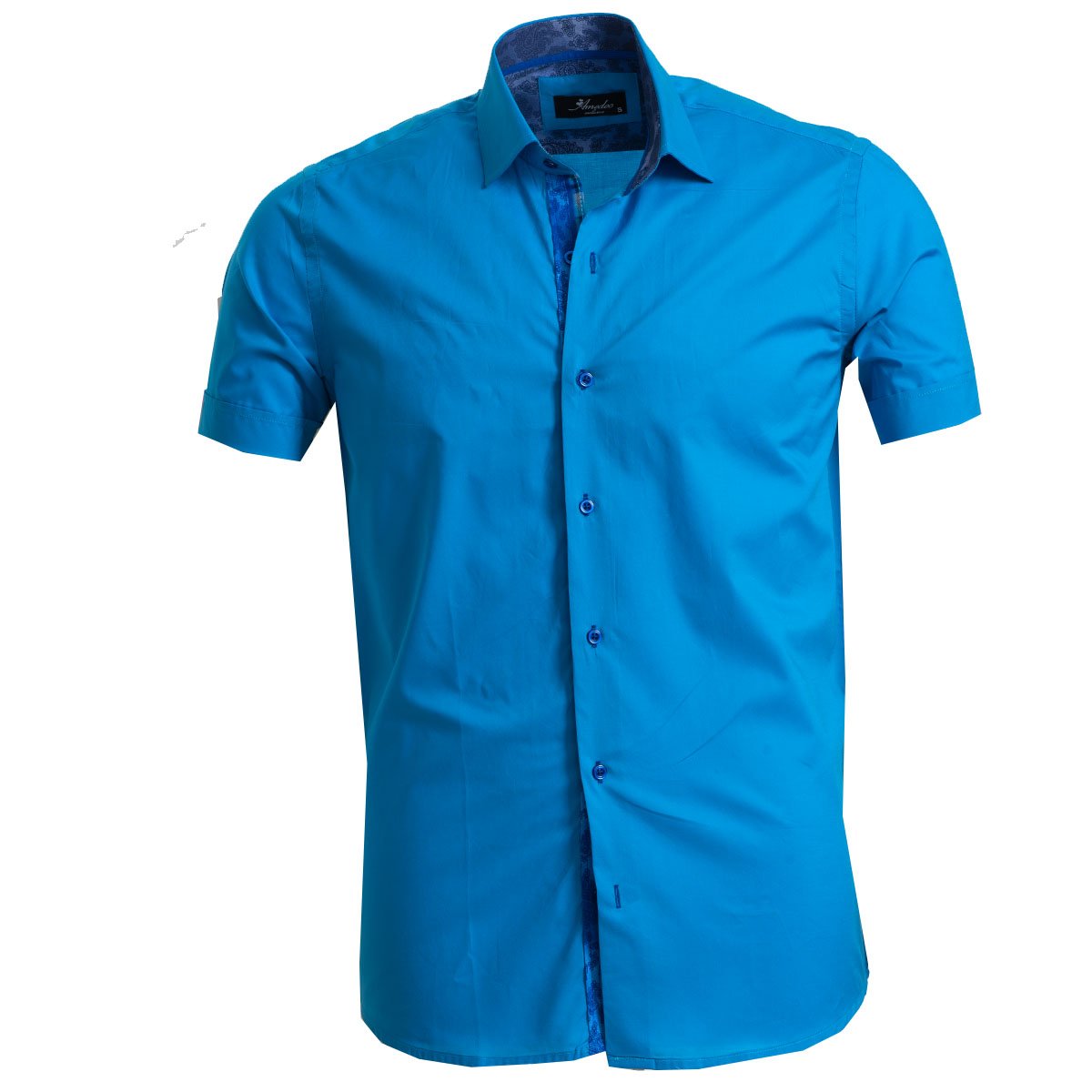 Men's Button down Tailor Fit Soft 100% Cotton Short Sleeve Dress Shirt Solid Medium Blue casual And Formal - Amedeo Exclusive