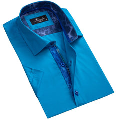 Men's Button down Tailor Fit Soft 100% Cotton Short Sleeve Dress Shirt Solid Medium Blue casual And Formal - Amedeo Exclusive