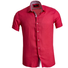 Men's Button down Tailor Fit Soft 100% Cotton Short Sleeve Dress Shirt Solid Bright Red casual And Formal - Amedeo Exclusive