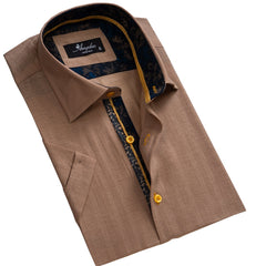 Men's Button down Tailor Fit Soft 100% Cotton Short Sleeve Dress Shirt Solid Light Brown casual And Formal - Amedeo Exclusive
