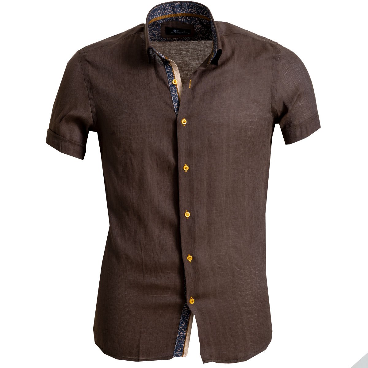 Men's Button down Tailor Fit Soft 100% Cotton Short Sleeve Dress Shirt Solid Dark Brown casual And Formal - Amedeo Exclusive