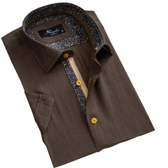 Men's Button down Tailor Fit Soft 100% Cotton Short Sleeve Dress Shirt Solid Dark Brown casual And Formal - Amedeo Exclusive