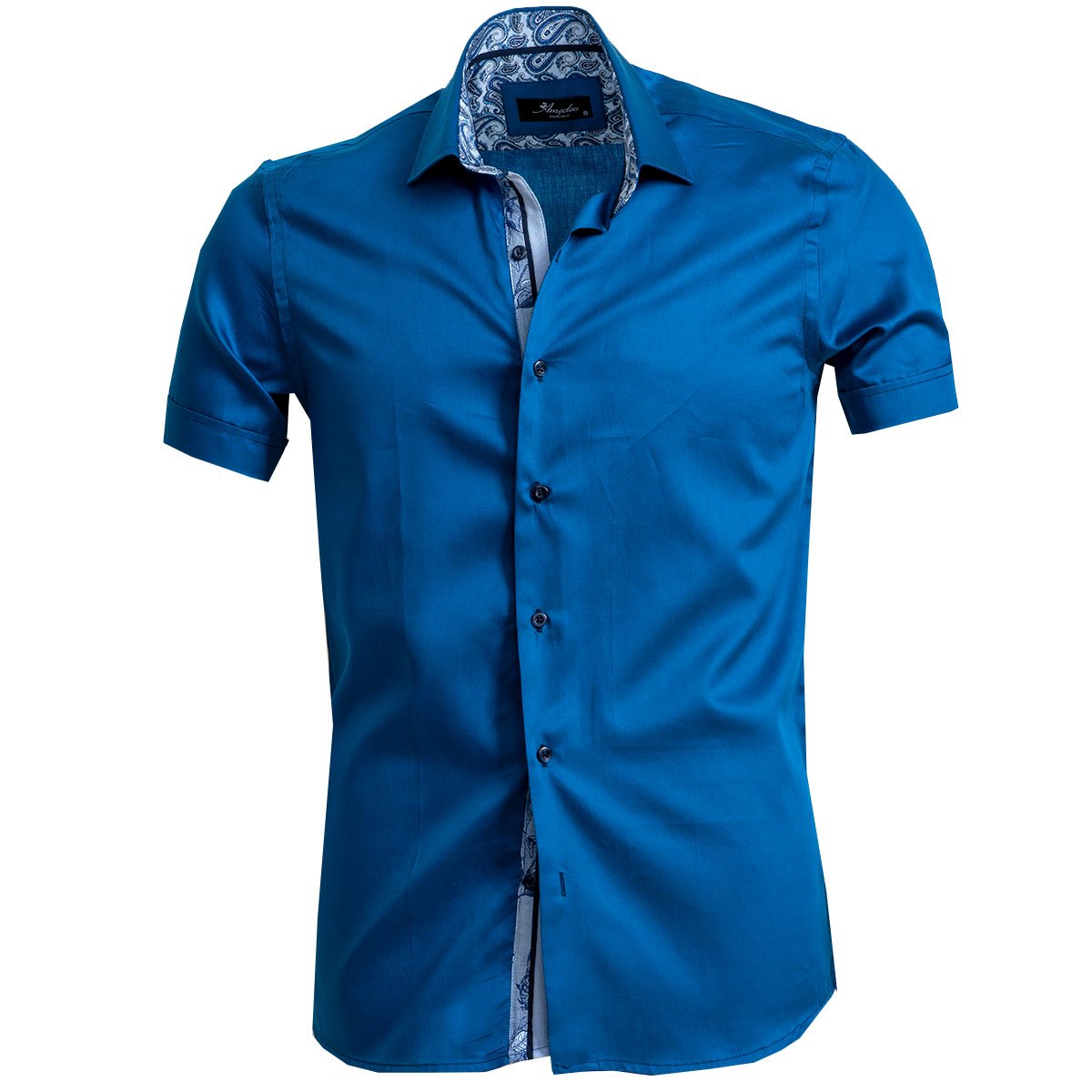 Solid Medium Blue Mens Short Sleeve Button up Shirts - Tailored Slim
