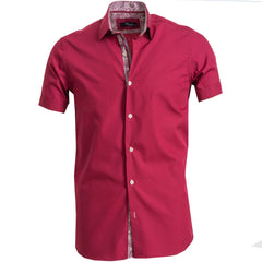 Men's Button down Tailor Fit Soft 100% Cotton Short Sleeve Dress Shirt Solid Burgundy casual And Formal - Amedeo Exclusive