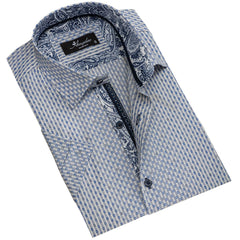 Men's Button down Tailor Fit Soft 100% Cotton Short Sleeve Dress Shirt Blue Grey casual And Formal - Amedeo Exclusive