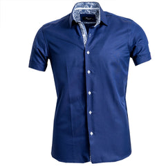 Men's Button down Tailor Fit Soft 100% Cotton Short Sleeve Dress Shirt Solid Navy Blue casual And Formal - Amedeo Exclusive