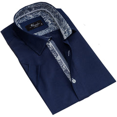 Men's Button down Tailor Fit Soft 100% Cotton Short Sleeve Dress Shirt Solid Navy Blue casual And Formal - Amedeo Exclusive