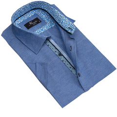 Men's Button down Tailor Fit Soft 100% Cotton Short Sleeve Dress Shirt Denim Blue casual And Formal - Amedeo Exclusive