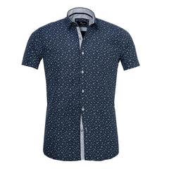 Men's Button down Tailor Fit Soft 100% Cotton Short Sleeve Dress Shirt Blue Dotted Floral casual And Formal - Amedeo Exclusive