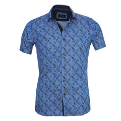 Men's Button down Tailor Fit Soft 100% Cotton Short Sleeve Dress Shirt Denim Blue Paisley casual And Formal - Amedeo Exclusive