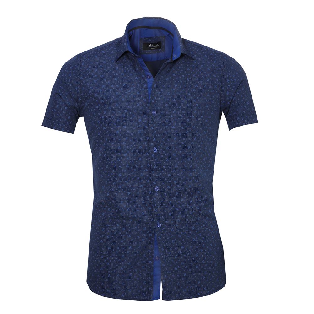 Men's Button down Tailor Fit Soft 100% Cotton Short Sleeve Dress Shirt Dark Blue Floral casual And Formal - Amedeo Exclusive