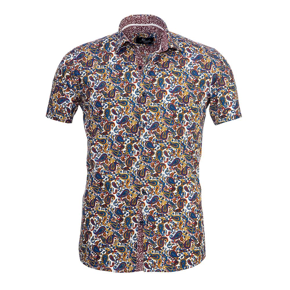 Men's Button down Tailor Fit Soft 100% Cotton Short Sleeve Dress Shirt Playful Colorful Paisley casual And Formal - Amedeo Exclusive