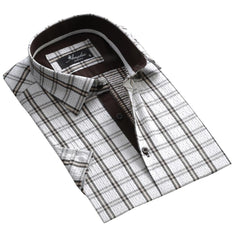 Men's Button down Tailor Fit Soft 100% Cotton Short Sleeve Dress Shirt White Check casual And Formal - Amedeo Exclusive