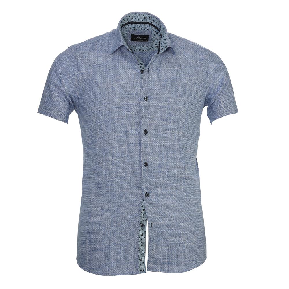 Men's Button down Tailor Fit Soft 100% Cotton Short Sleeve Dress Shirt Blue White Squares casual And Formal - Amedeo Exclusive