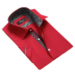 Men's Button down Tailor Fit Soft 100% Cotton Short Sleeve Dress Shirt Solid Red with Paisley casual And Formal - Amedeo Exclusive