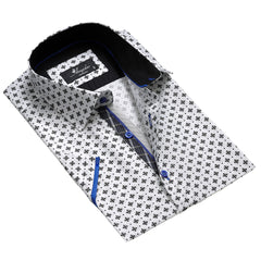 Men's Button down Tailor Fit Soft 100% Cotton Short Sleeve Dress Shirt White with Black casual And Formal - Amedeo Exclusive