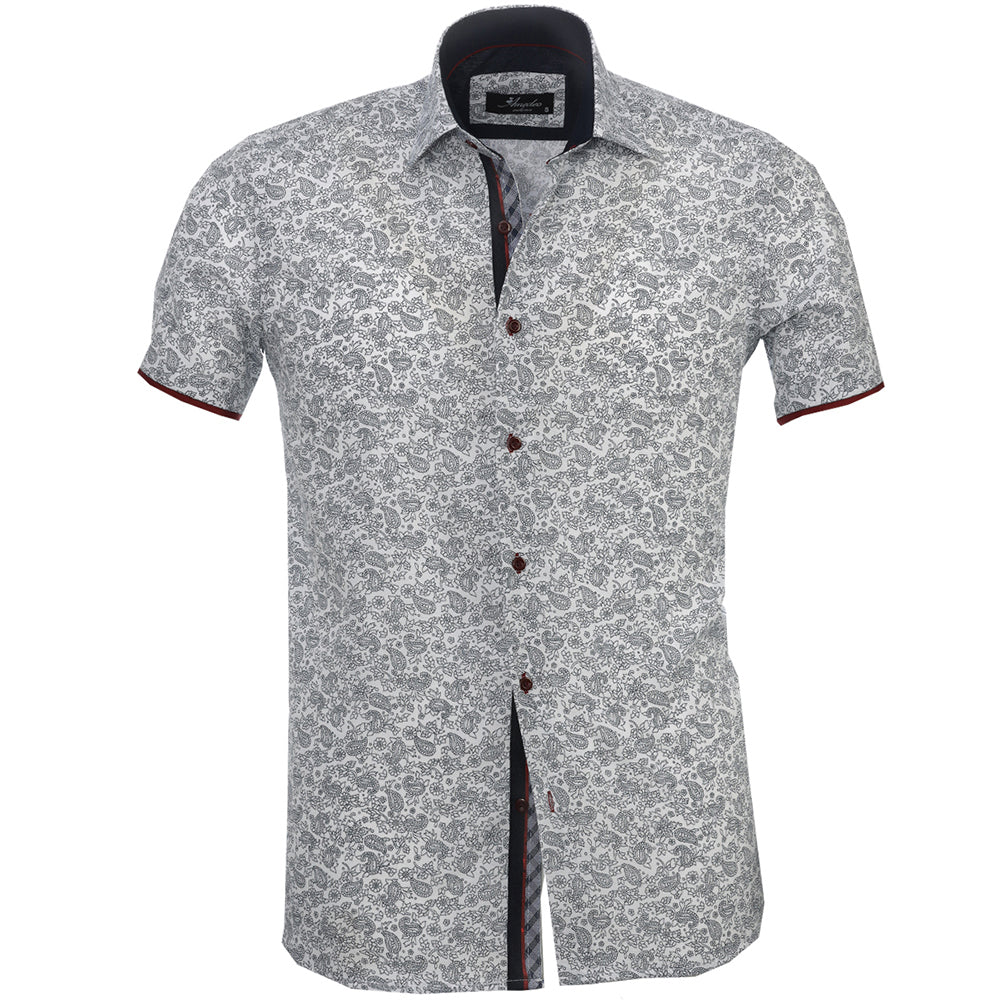 Men's Button down Tailor Fit Soft 100% Cotton Short Sleeve Dress Shirt White Black Floral Paisley casual And Formal - Amedeo Exclusive