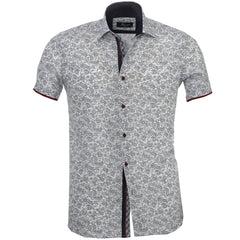 Men's Button down Tailor Fit Soft 100% Cotton Short Sleeve Dress Shirt White Black Floral Paisley casual And Formal - Amedeo Exclusive