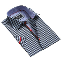 Men's Button down Tailor Fit Soft 100% Cotton Short Sleeve Dress Shirt Light Blue Black Checkered casual And Formal - Amedeo Exclusive