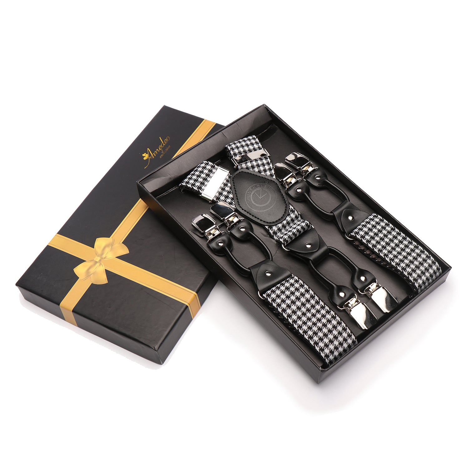 Men's Dual Clip Y Back Black White Checkered High Quality Premium Suspenders - Amedeo Exclusive