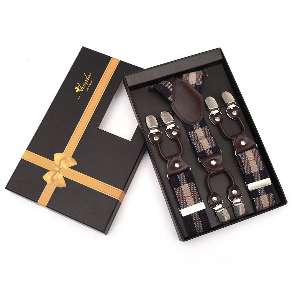 Men's Elastic Y Blue Beige Check Strap Dual Clip on High Quality Premium Suspenders - Amedeo Exclusive