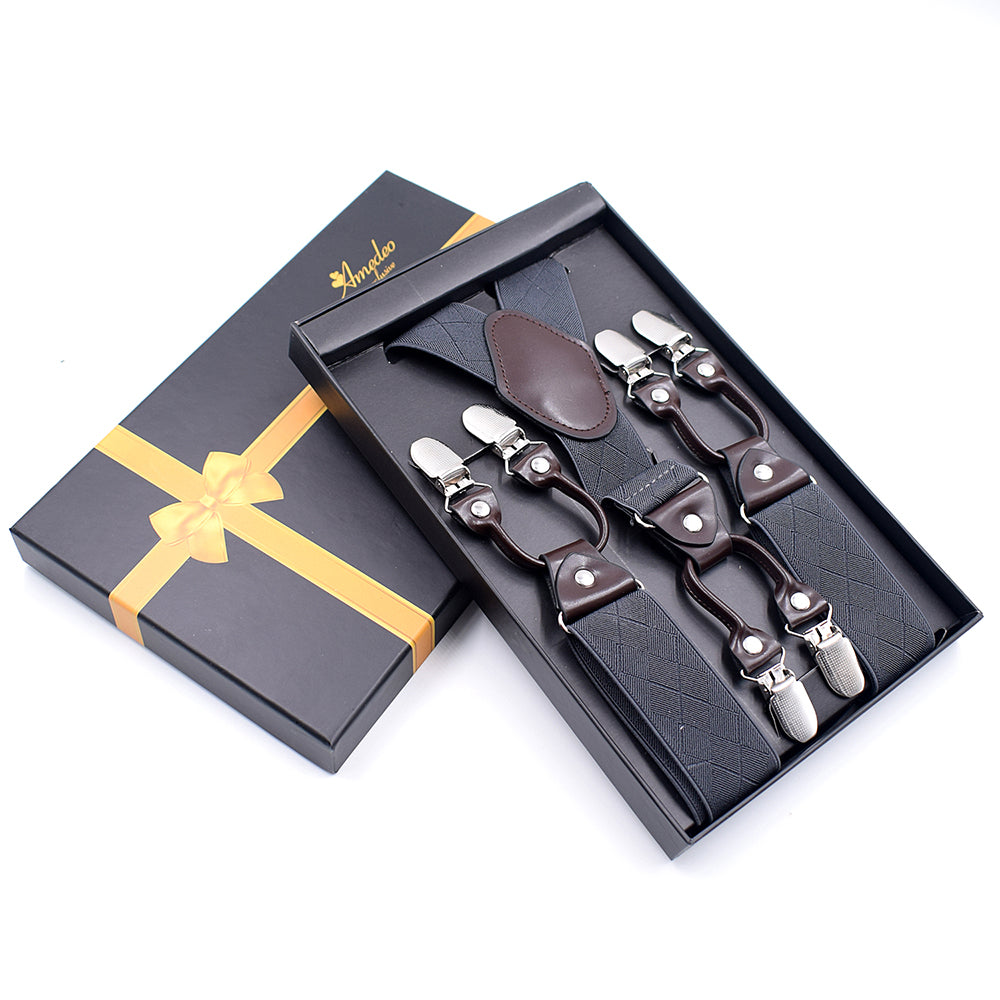 Men's Dual Clip Y Back Adjustable Strap Solid Grey Check High Quality Premium Suspenders - Amedeo Exclusive