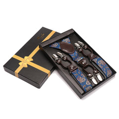 Men's Dual Clip Y Back Adjustable Strap Blue Paisley High Quality Premium Suspenders - Amedeo Exclusive