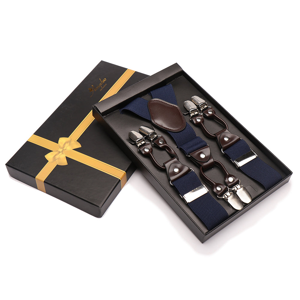 Men's Dual Clip Y Back Strap Solid Navy Blue High Quality Premium Suspenders - Amedeo Exclusive